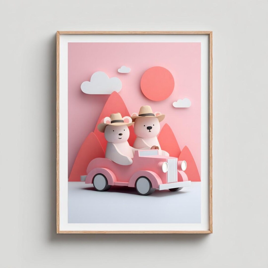 Bears Road Trip Pink Vintage Car Cowboy Hats Kids Room Poster