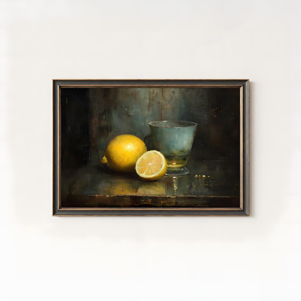 Fresh Lemons Glass Cup Dark Moody Vintage Still Life Oil Painting Poster