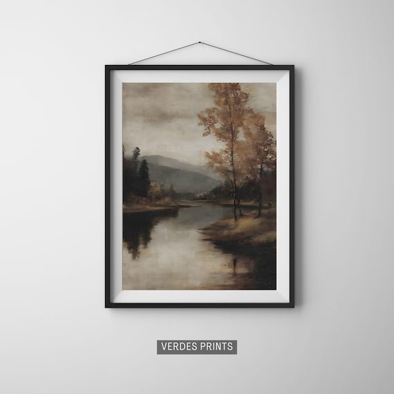 Autumn Lake Golden Trees Mountains Moody Vintage Oil Painting Poster