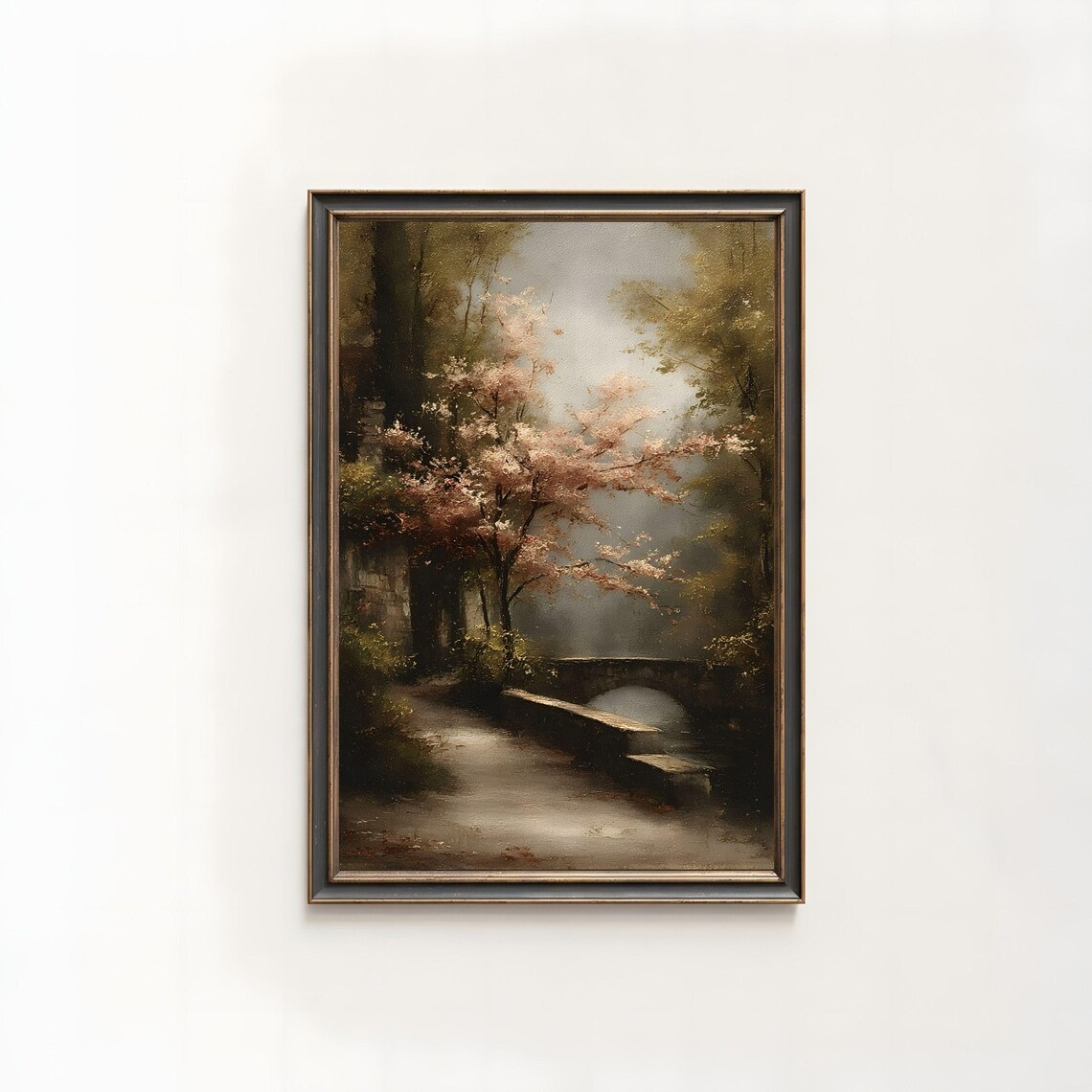 Blossom Tree Stone Bridge Vintage Oil Painting Misty Spring Garden Poster