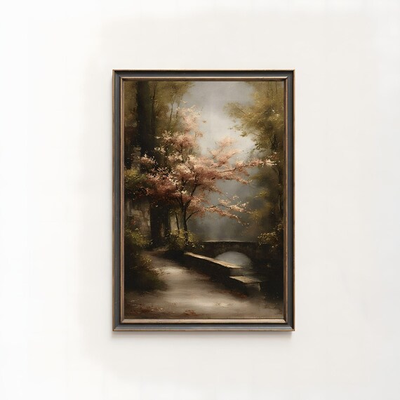 Blossom Tree Stone Bridge Vintage Oil Painting Misty Spring Garden Poster