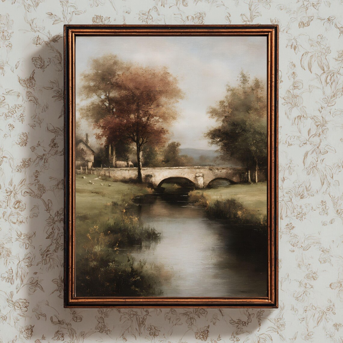 Rustic Autumn Bridge Oil Painting Moody Fall Landscape Wall Art 239