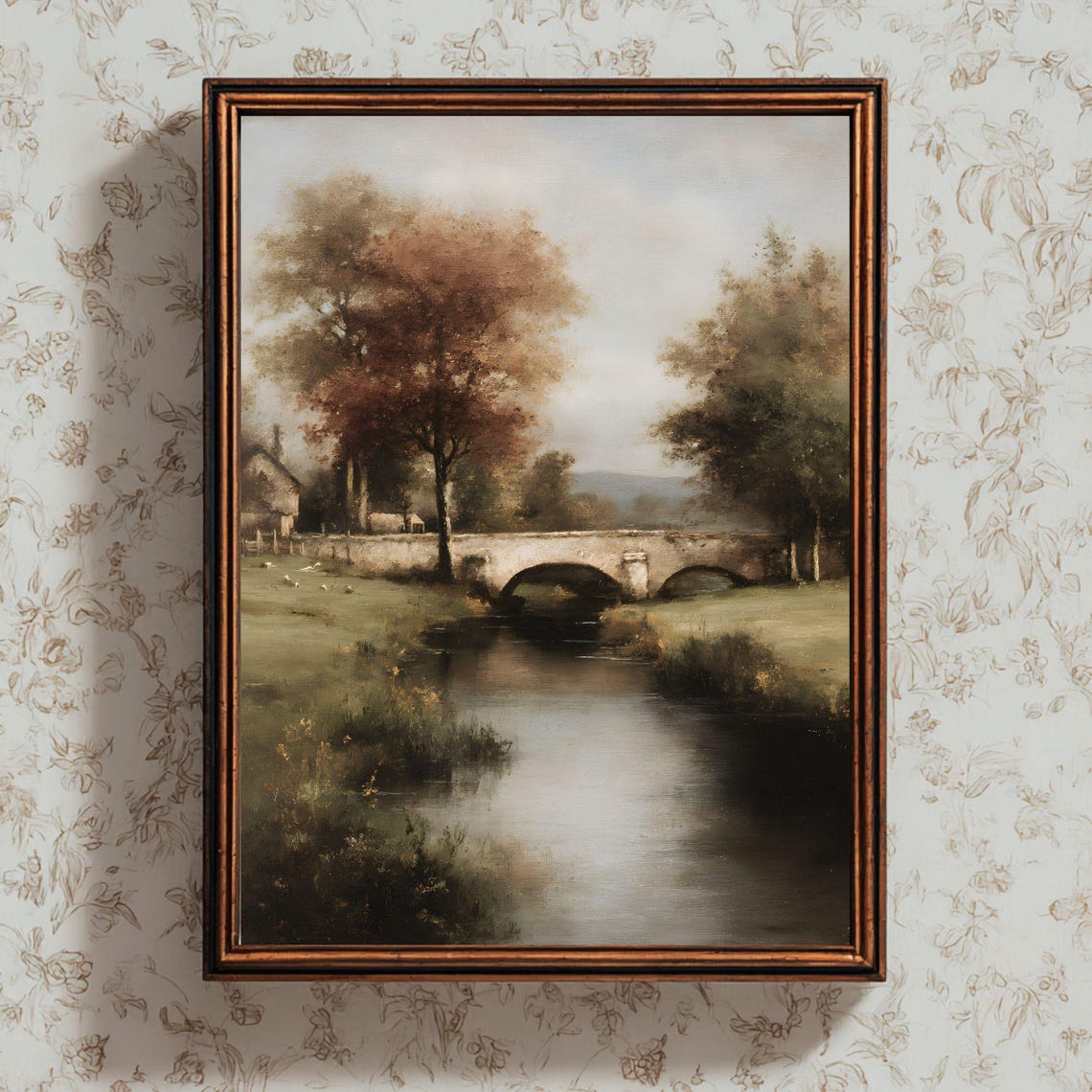 Rustic Autumn Stone Bridge Over River Fall Landscape Oil Poster