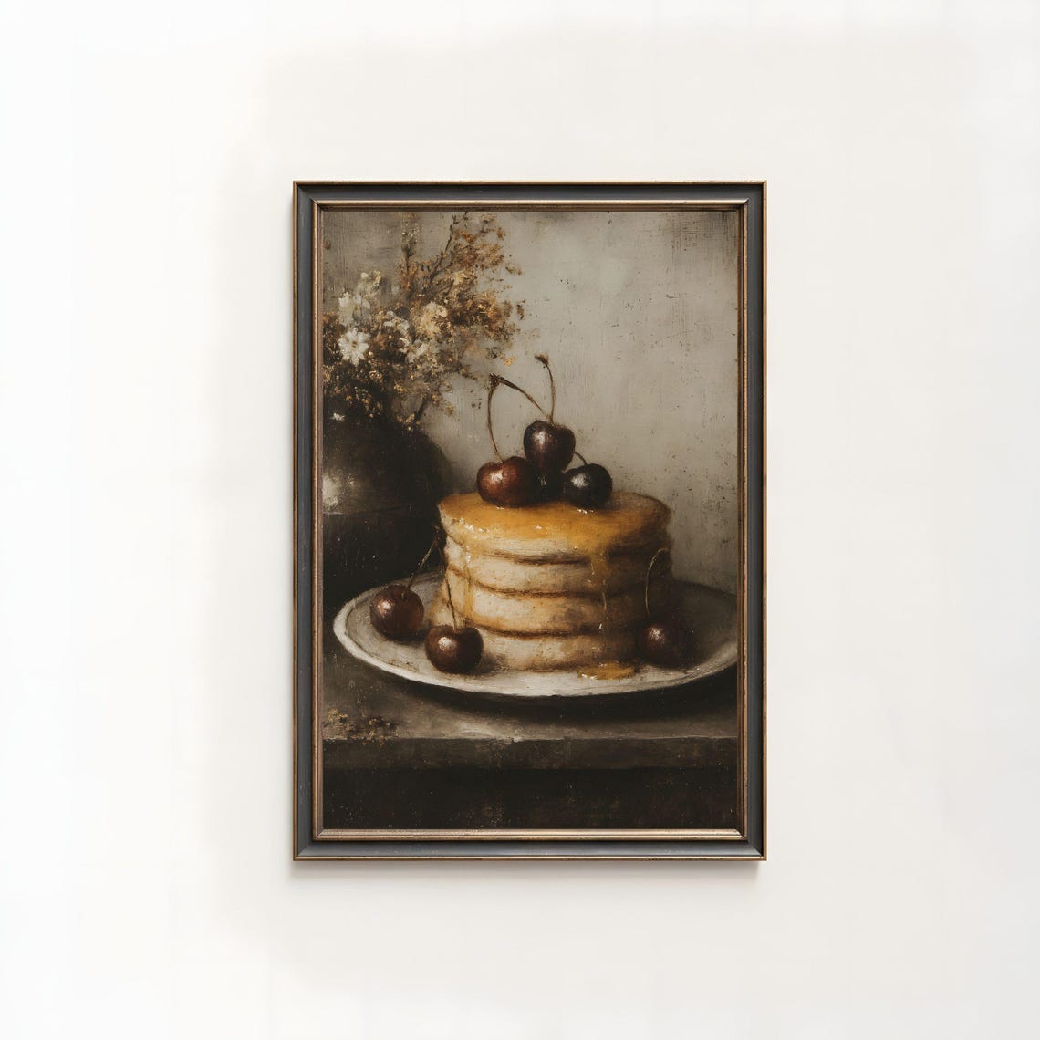 Rustic Pancakes with Cherries Honey Moody Oil Painting Poster