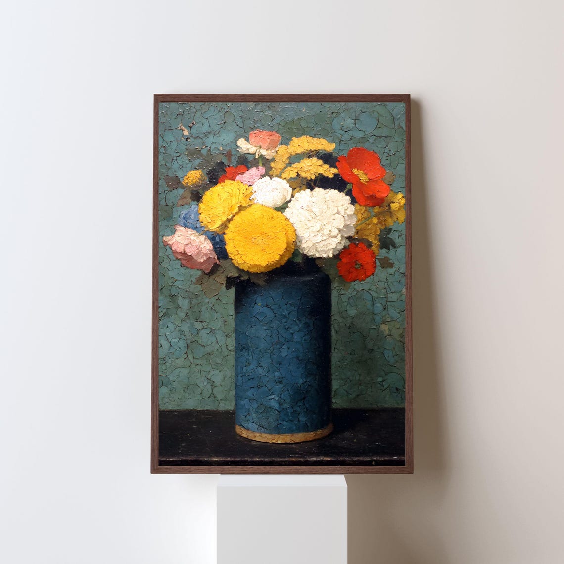 Vibrant Marigold and Poppy Bouquet Blue Vase Floral Art Poster