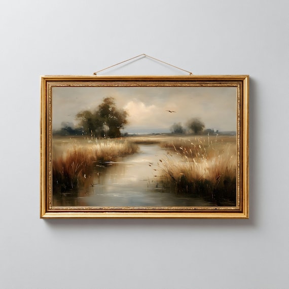 Rustic River Marsh With Golden Reeds Serene Nature Scene Oil Poster