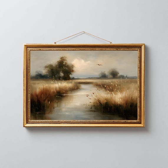 Rustic River Serene Nature Scene Oil Painting Farmhouse Landscape Art 247