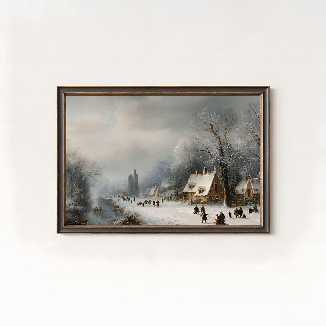 Dutch Winter Canal Village Snowy Cottages Skaters Oil Painting Poster