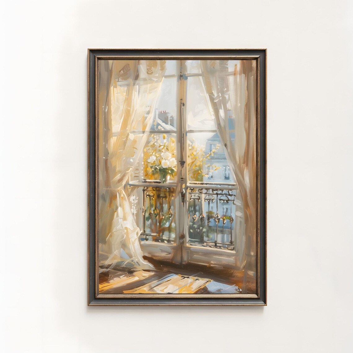 Parisian Balcony Window Sheer Curtains Floral Oil Painting Art Poster