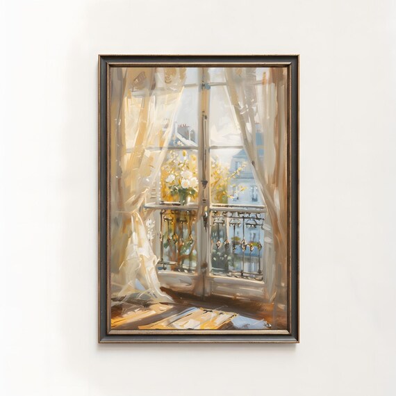 Parisian Balcony Window Sheer Curtains Floral Oil Painting Art Poster