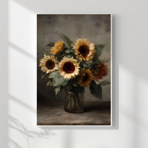 Sunflowers in Glass Jar Moody Dark Floral Oil Painting Print