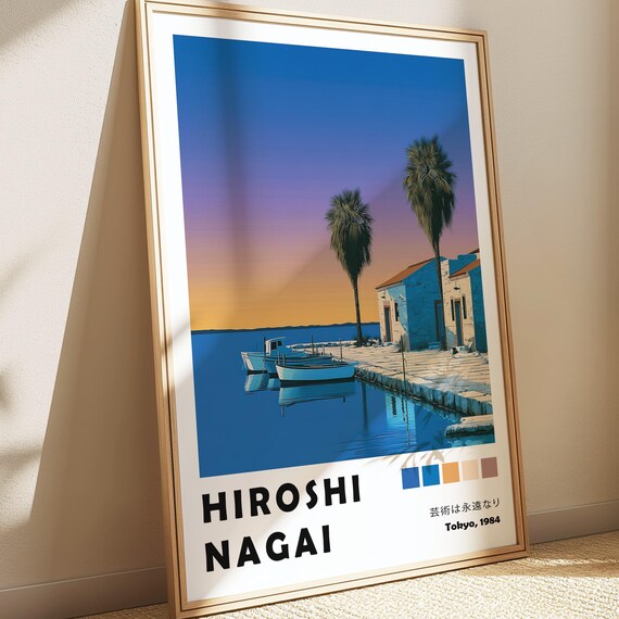 Mediterranean Harbor Hiroshi Nagai Poster Coastal Sunset Art Seaside 80s City Pop Print Japandi Wall Decor Wabi Sabi Wallpaper