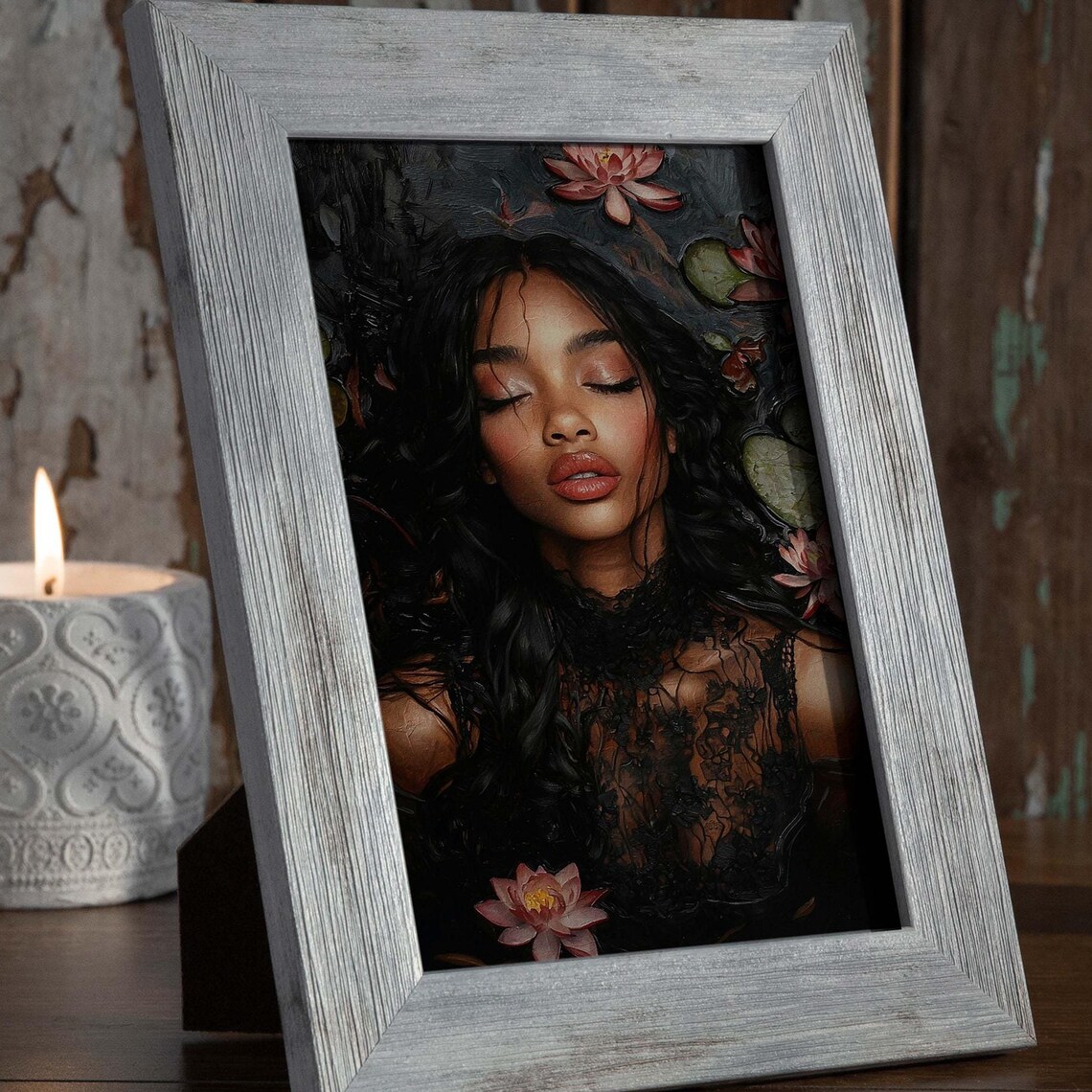 Lady of the Lake Dark Academia Gothic Oil Portrait Water Lilies Poster