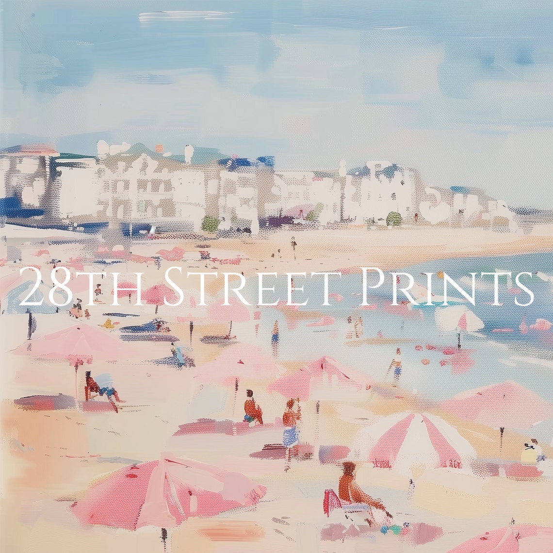Sunny Beach Pink Umbrellas Turquoise Waves Seaside Town Scene Poster - Image 3