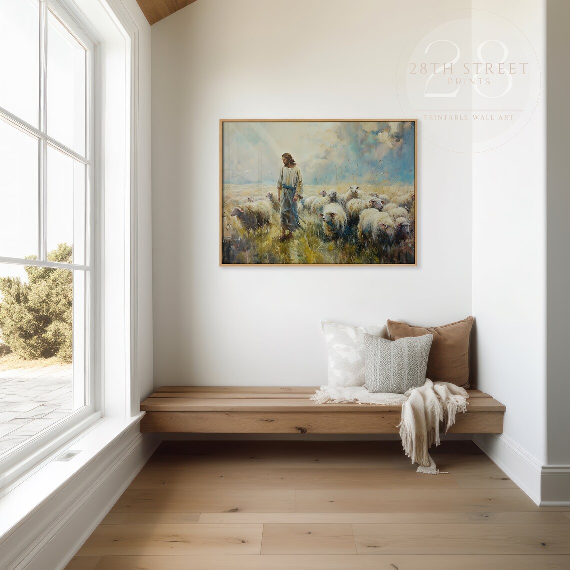 Jesus Good Shepherd Sheep Golden Field Christian Faith Oil Painting Poster - Image 3