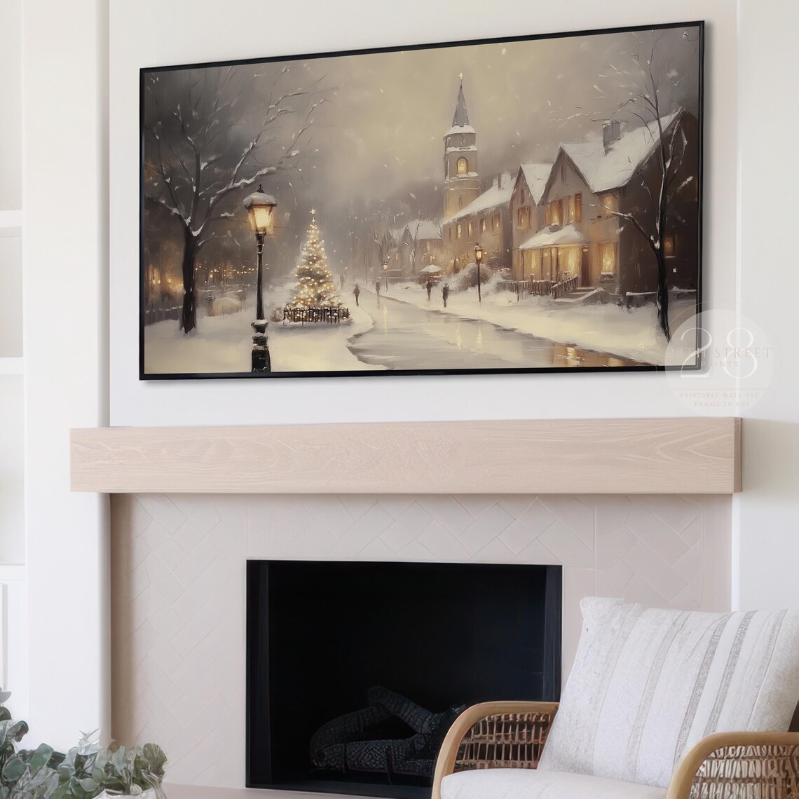 Snowy Christmas Village Street Church Steeple Tree Lights Night Poster - Image 2