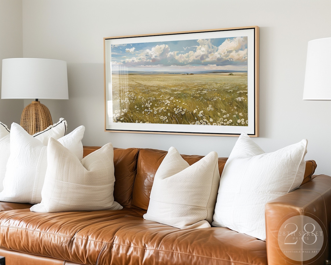 Blue Skies White Wildflower Meadow Golden Grass Cloudy Spring Landscape Art Print - Image 3