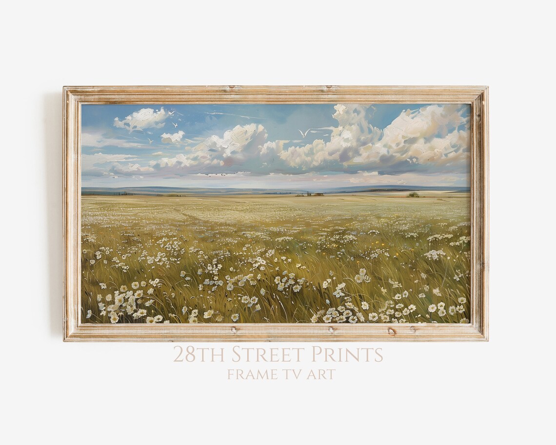 Blue Skies White Wildflower Meadow Golden Grass Cloudy Spring Landscape Art Print