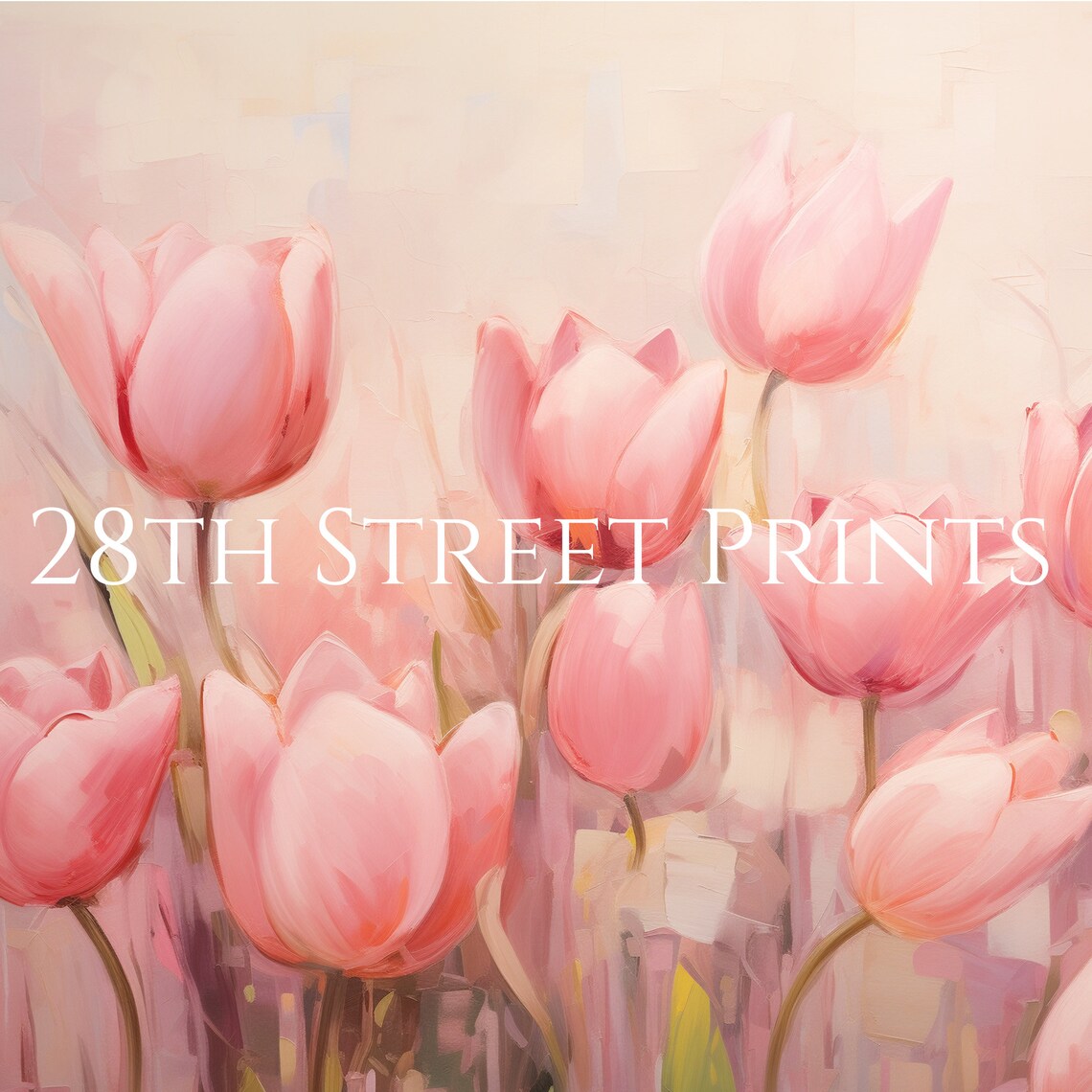 Pink Tulips Field Soft Blush Spring Floral Impressionist Painting Art Print - Image 3
