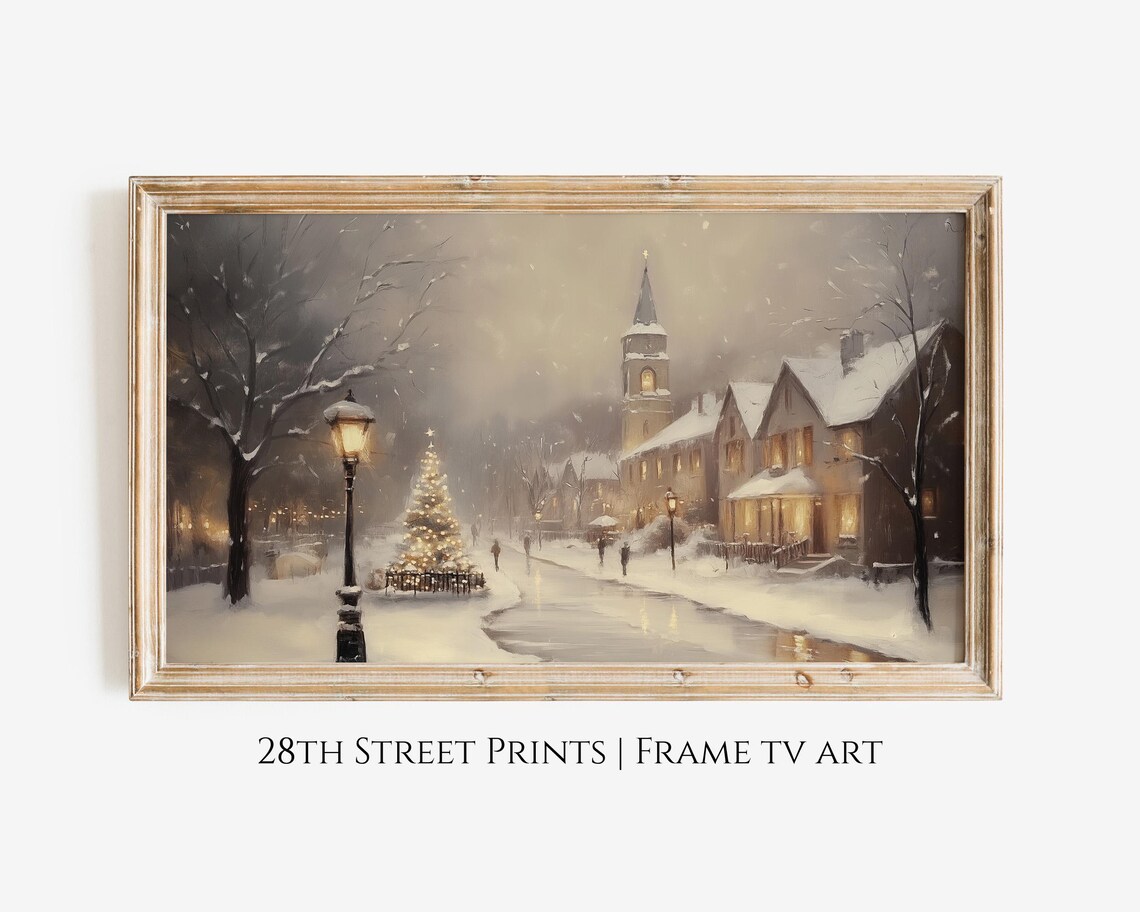 Snowy Christmas Village Street Church Steeple Tree Lights Night Poster