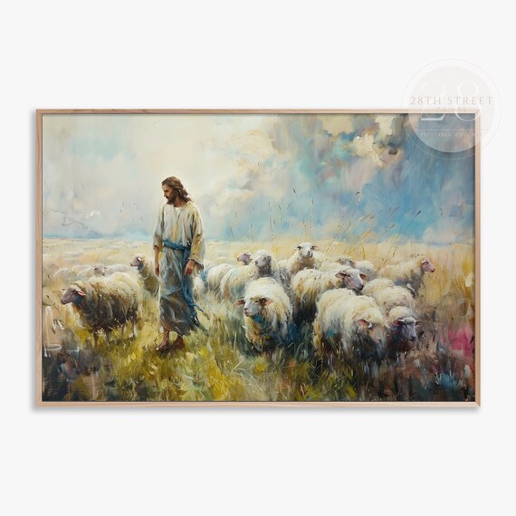 Jesus Good Shepherd Sheep Golden Field Christian Faith Oil Painting Poster