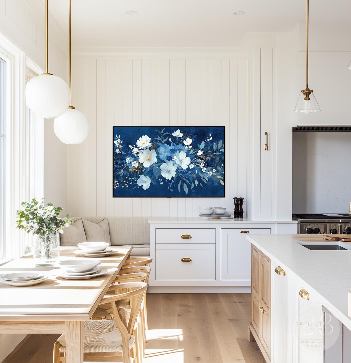 Navy Blue White Floral Garland Painting Gold Accent Botanical Poster - Image 2