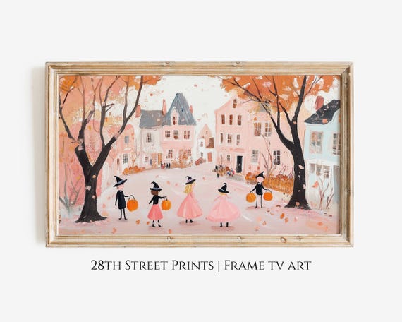 Pink Halloween Frame Tv Art Halloween Town Trick Or Treat Cute Witches Witchy Art Frame Tv Fall Art Frame Tv Art
