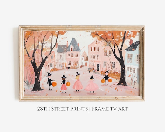 Pink Halloween Town Kids Trick Or Treat Cute Witches Whimsical Painting Poster