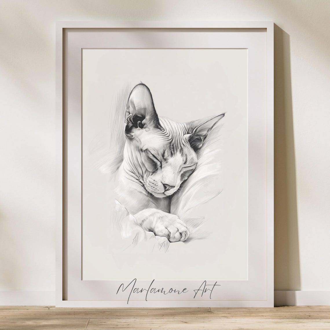 Sleeping Sphynx Cat Vintage Pencil Sketch Portrait Art Poster