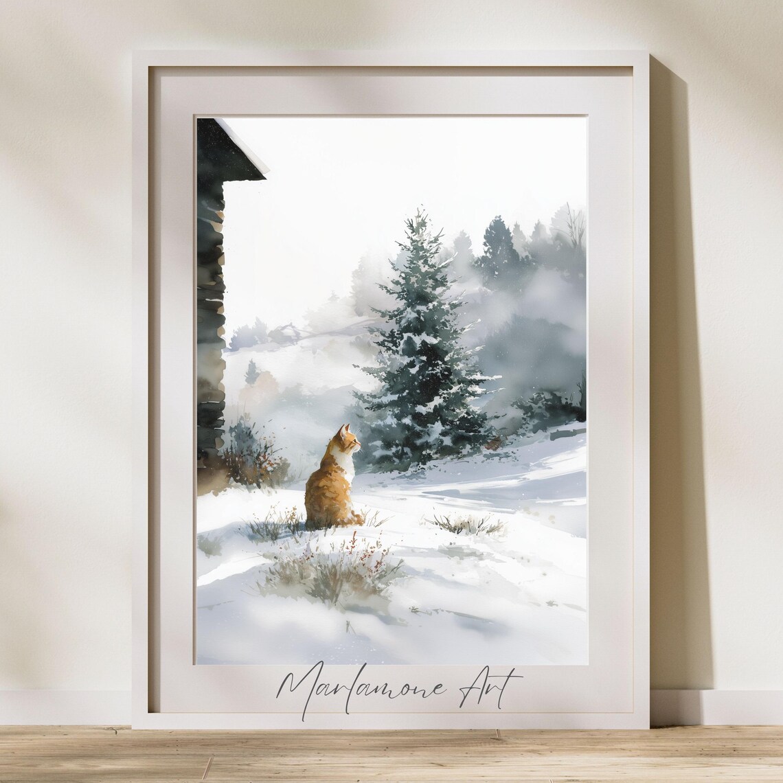 Ginger Cat in Snowy Pine Landscape Watercolor Winter Art Poster
