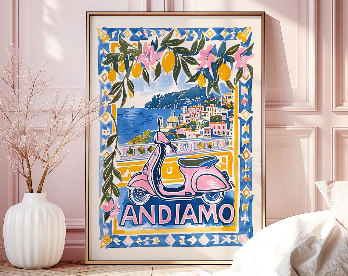 Andiamo Italy Retro Pink Positano Travel Poster