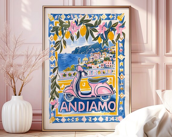 Andiamo Italy Retro Pink Positano Travel Poster