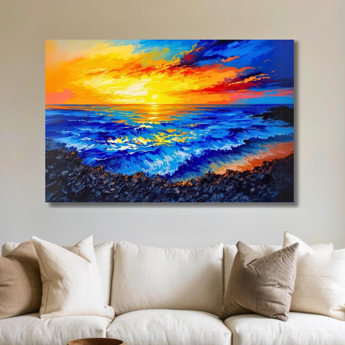 Vibrant Ocean Sunset Waves Fiery Sky Impasto Seascape Poster