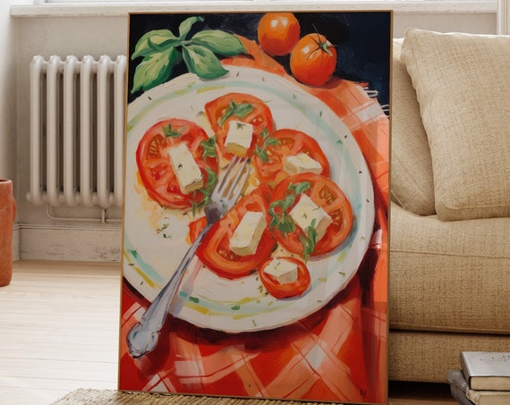 Italian Tomato And Mozzarella Print Food Wall Art Kitchen Dining Room Poster Gift For Foodie Modern Minimalist