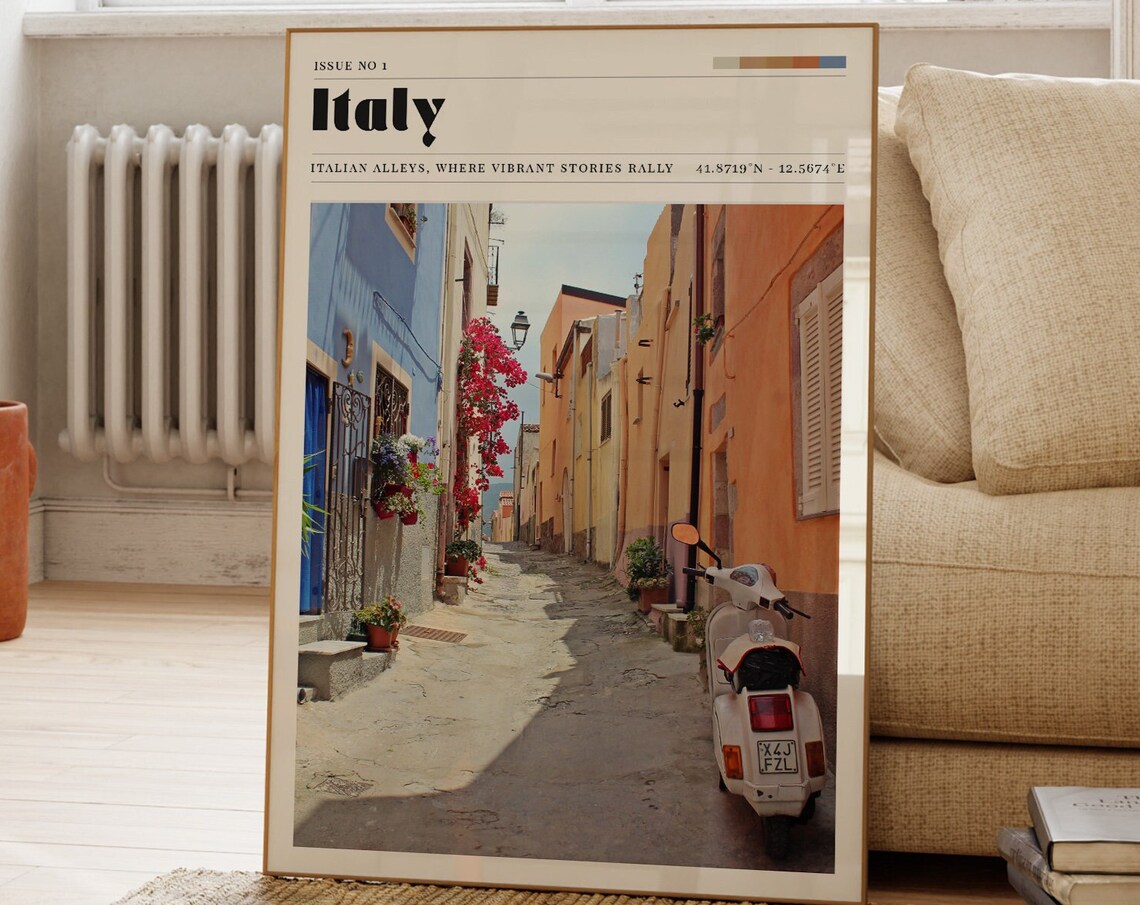 Italy Charming Alley Vespa Scooter Bougainvillea Magazine Travel Poster