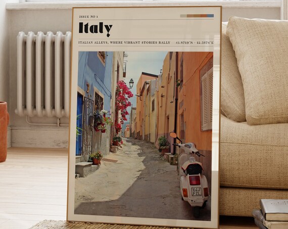 Italy Charming Alley Vespa Scooter Bougainvillea Magazine Travel Poster