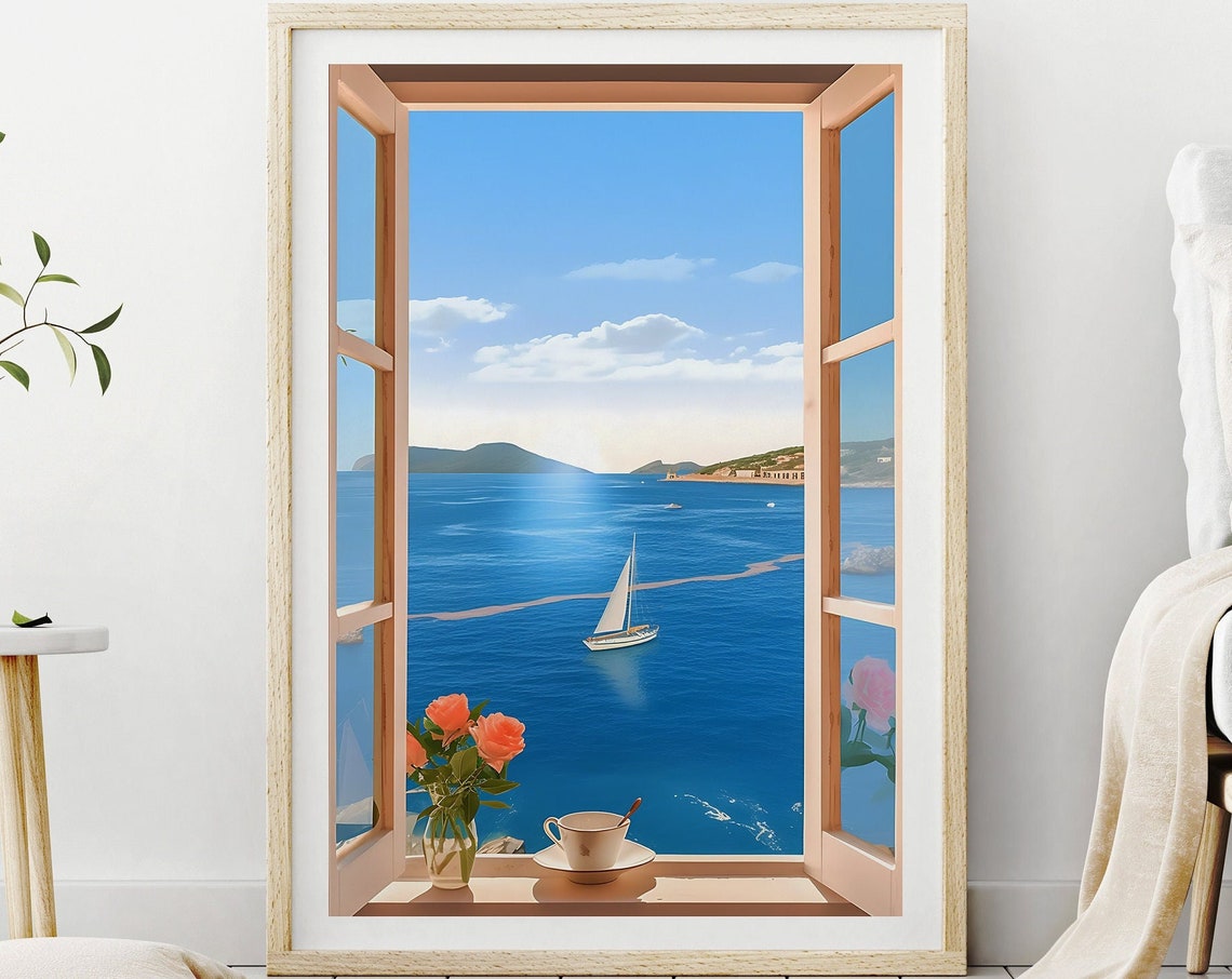 Open Window Seaview Sailboat Coffee Cup Coastal Morning Poster