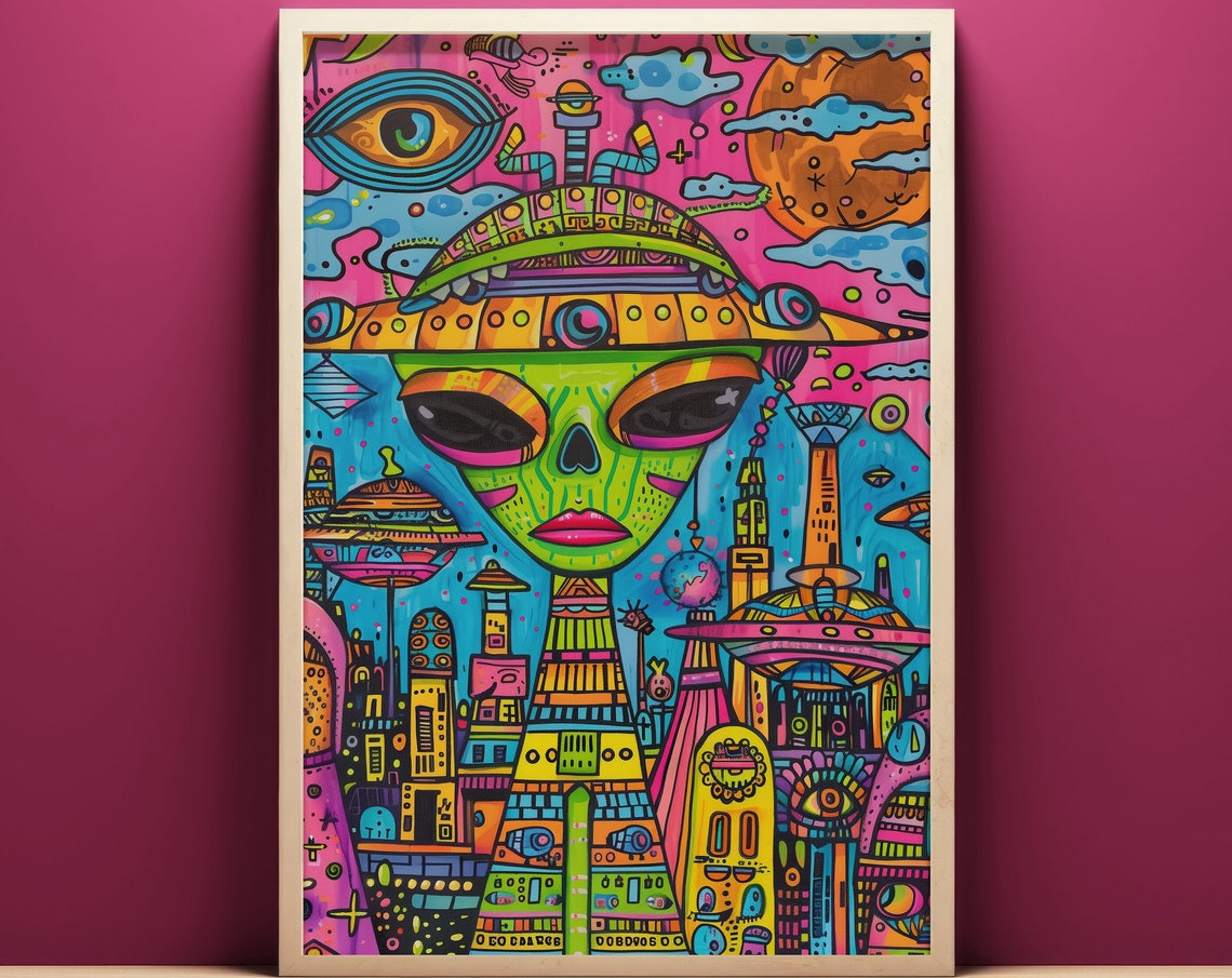 Neon Alien Cityscape Psychedelic Trippy Cosmic Invasion Wall Art