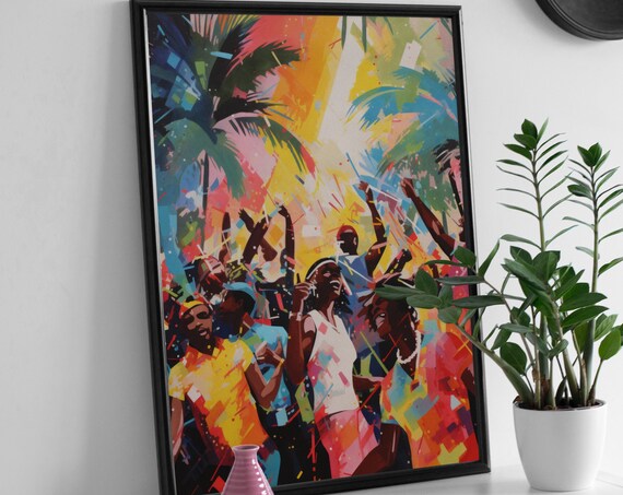 Vibrant Dancing Crowd Palm Trees Tropical Party Celebration Poster