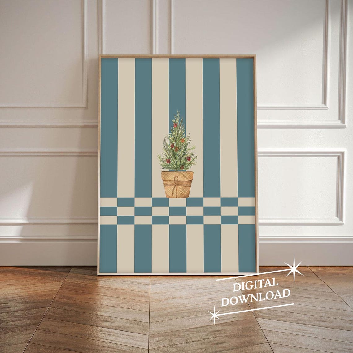 Teal Striped Potted Christmas Tree Retro Holiday Vintage Wall Art