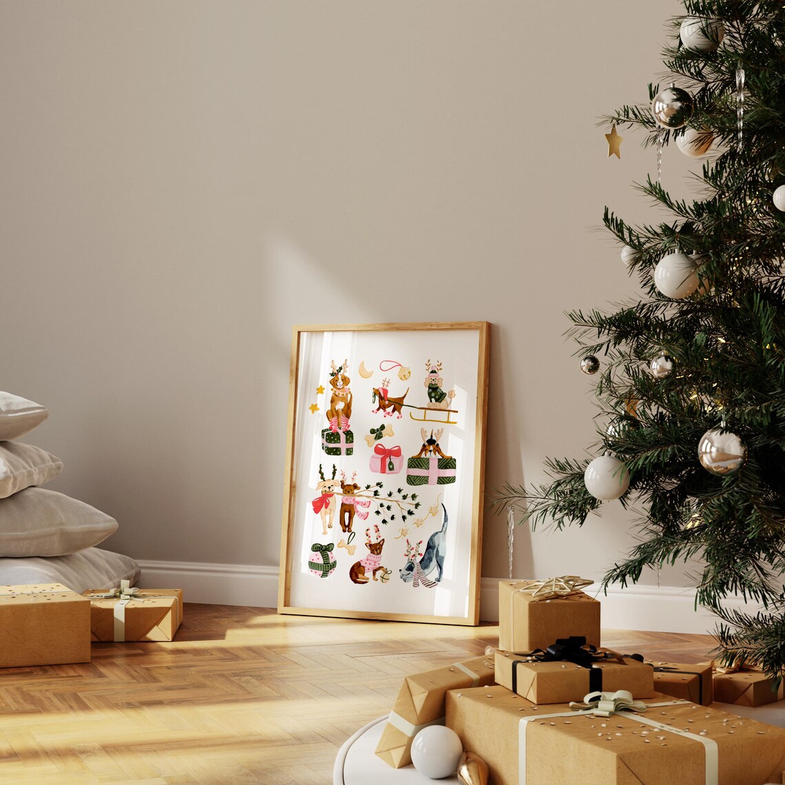 Christmas Dogs Watercolor Art Print, Holiday Decor - Image 4