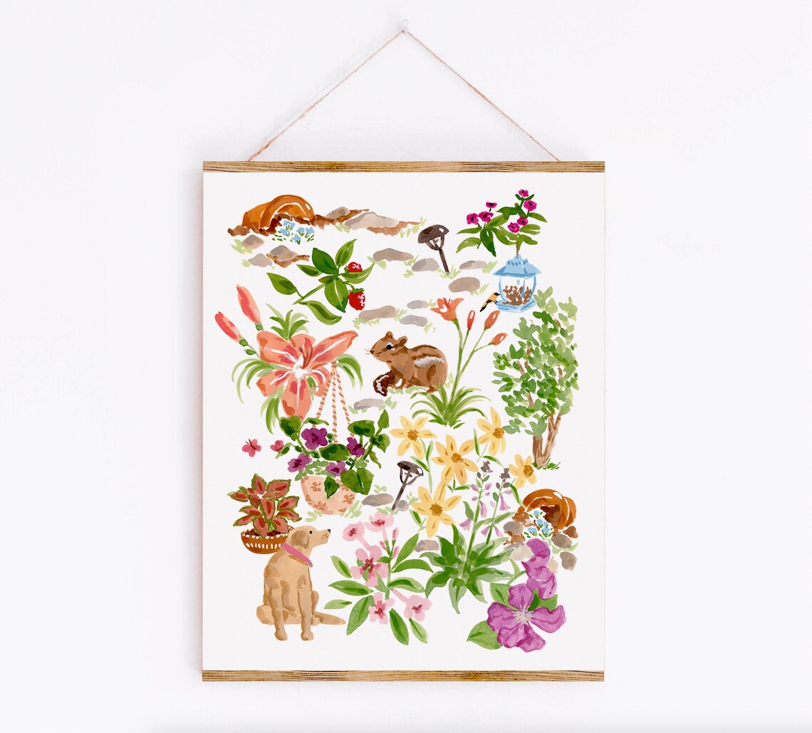 Animals In The Yard Botanical Watercolor Art Print - Image 2
