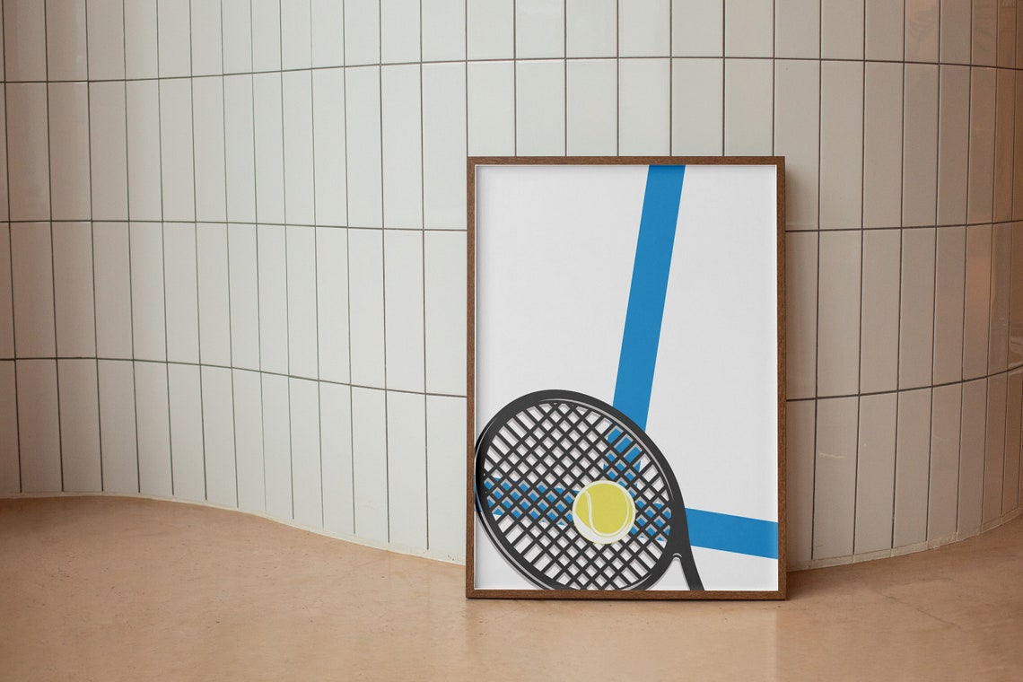 Tennis Racket Ball Minimalist Blue Line Sport Illustration Poster