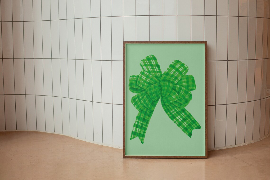 Green Gingham Bow Watercolor Coquette Preppy Ribbon Style Poster