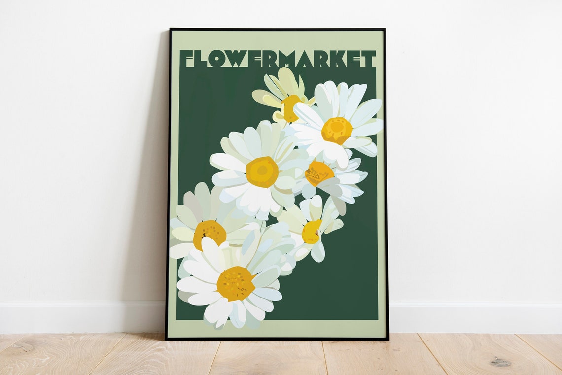 Flower Market Daisy White Blossoms Green Botanical Art Poster