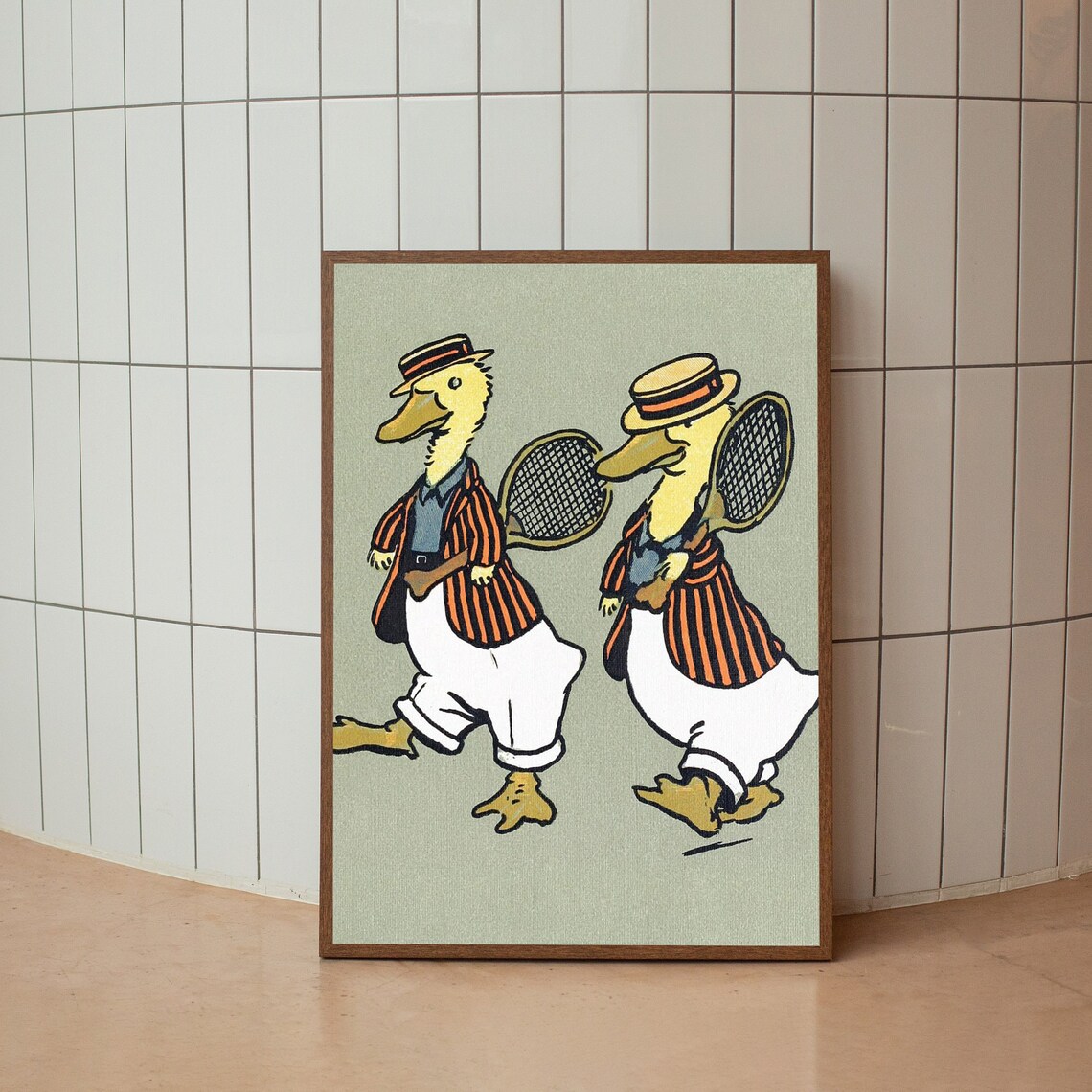 Vintage Ducks Playing Tennis Whimsical Animal Illustration Poster