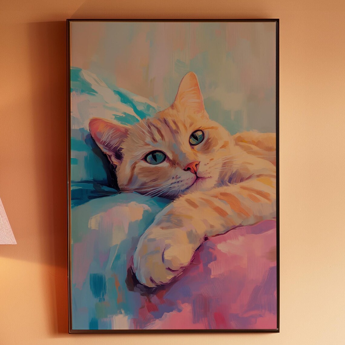 Ginger Cat Resting on Teal and Pink Cushions Painterly Poster