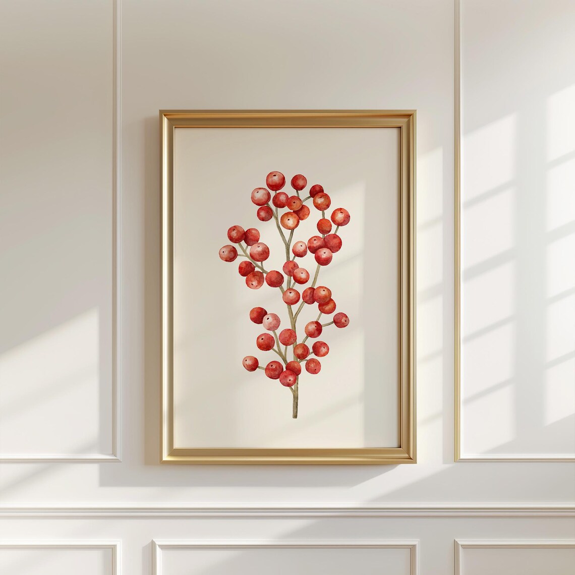 Red Berry Branch Watercolor Painting Poster Botanical Christmas Decor