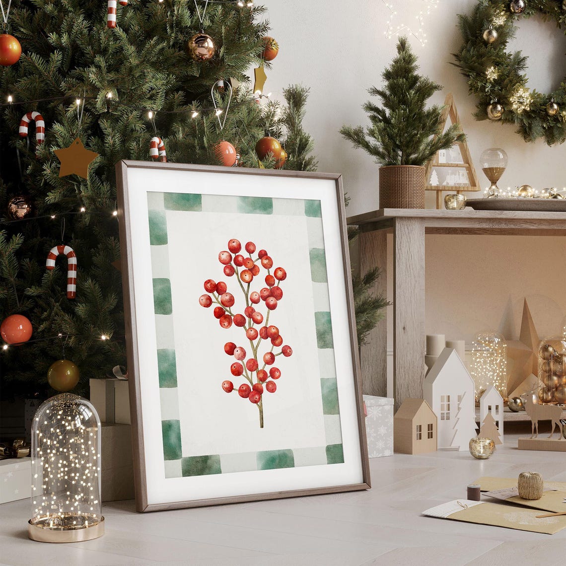 Red Berry Sprig Checkered Border Watercolor Poster Christmas Botanical - Image 2