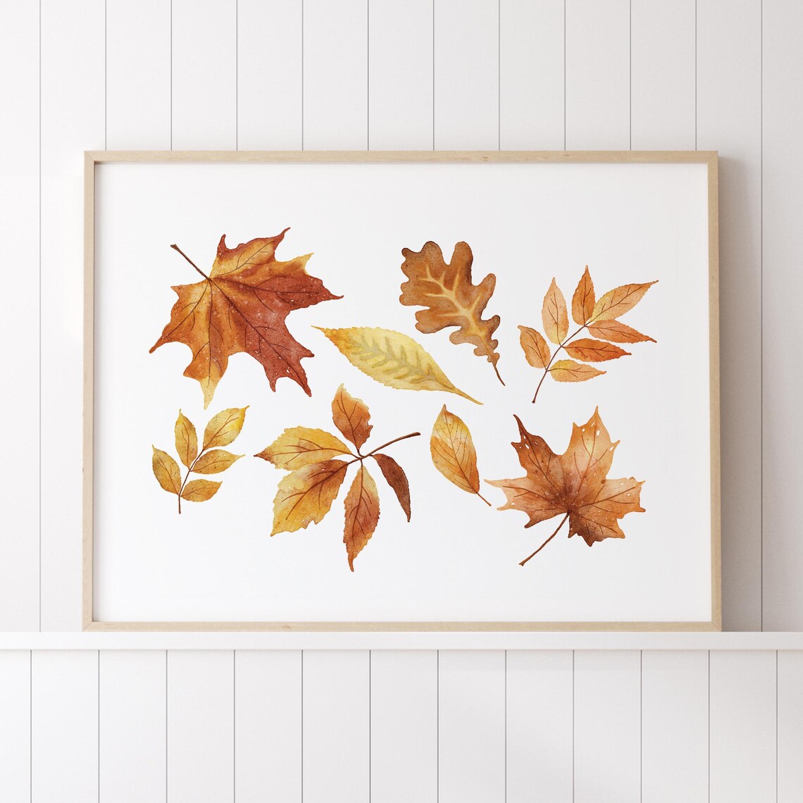 Watercolor Fall Leaves Scattered Autumn Botanical Poster Warm Tones Decor